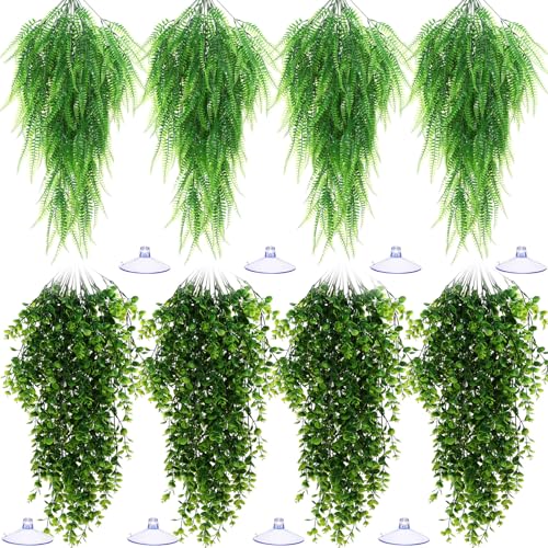 8 Pack Reptile Plants Terrarium Hanging Plant Vine Boston Climbing Terrarium Plant with Suction Cup for Bearded Dragons Lizard Crested Gecko Snake Crab Tank(Classic Series,Light Dark Green) - style: Classic Series