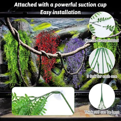 PINVNBY 8 Pack Reptile Plants Terrarium Hanging Fake Vines with Suction Cup Artificial Leaves for Bearded Dragons Lizards Geckos Snake Hermit Crab (4PCS Green, 2PCS Purple and 2PCS Red) - color: 8pcs (4 X Green, 2 X Purple, 2 X Red)