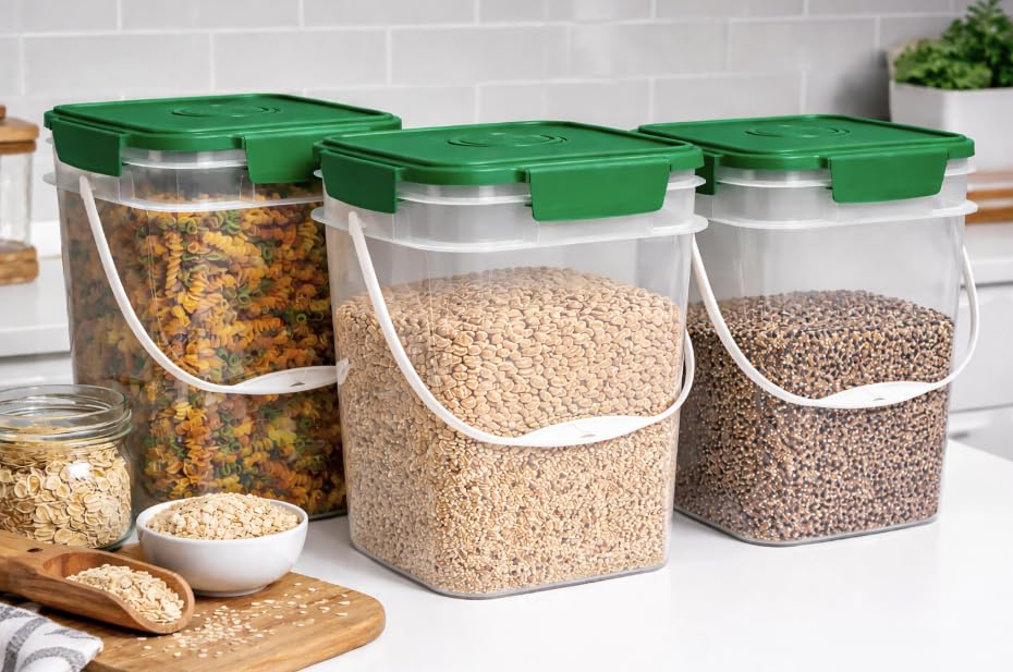 4 Gallon Square Food Grade Bucket Pail with Plastic Handles and Lid (Pack of 3) Made in USA containers (4G SQ Clear - Green lids) - color: 4g Sq Clear - Green Lids
