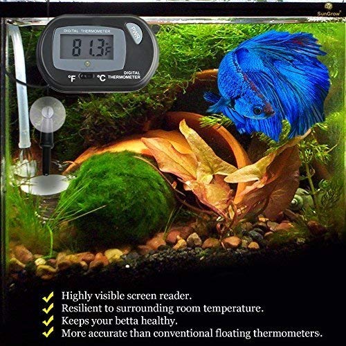 SunGrow Digital Betta Thermometer for Tropical Aquarium Fish, Black Color, Suction Cups and 1 Battery Included, 1 pc per Pack - style: 1 Pack