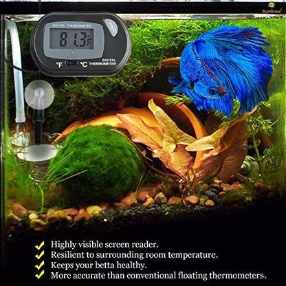 SunGrow Digital Betta Thermometer for Tropical Aquarium Fish, Black Color, Suction Cups and 1 Battery Included, 1 pc per Pack - style: 1 Pack