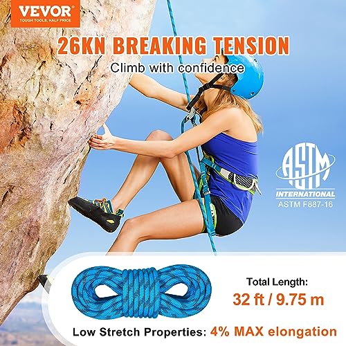 VEVOR Static Climbing Rope, 32 ft Outdoor Rock Climbing Rope with 26KN Breaking Tension, 0.4'' /10 mm High Strength Safety Rope, Escape Rope with 2pcs Carabiner and Storage Bag - size: 32 ft