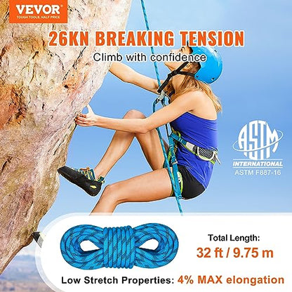 VEVOR Static Climbing Rope, 32 ft Outdoor Rock Climbing Rope with 26KN Breaking Tension, 0.4'' /10 mm High Strength Safety Rope, Escape Rope with 2pcs Carabiner and Storage Bag - size: 32 ft