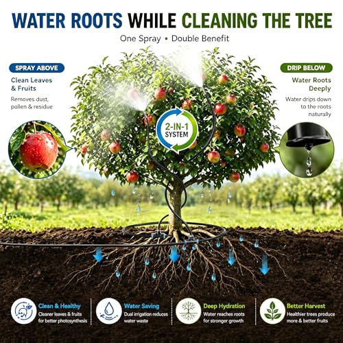 High-Flow Tree Irrigation System, 15FT 12mm Hose & 2Pcs 6.5FT Adjustable Nozzles, for Tree Roots & Canopies Irrigation, Leaf & Fruit Cleaning, Ideal for Fruit Trees & Ornamental Trees - size: 15FT