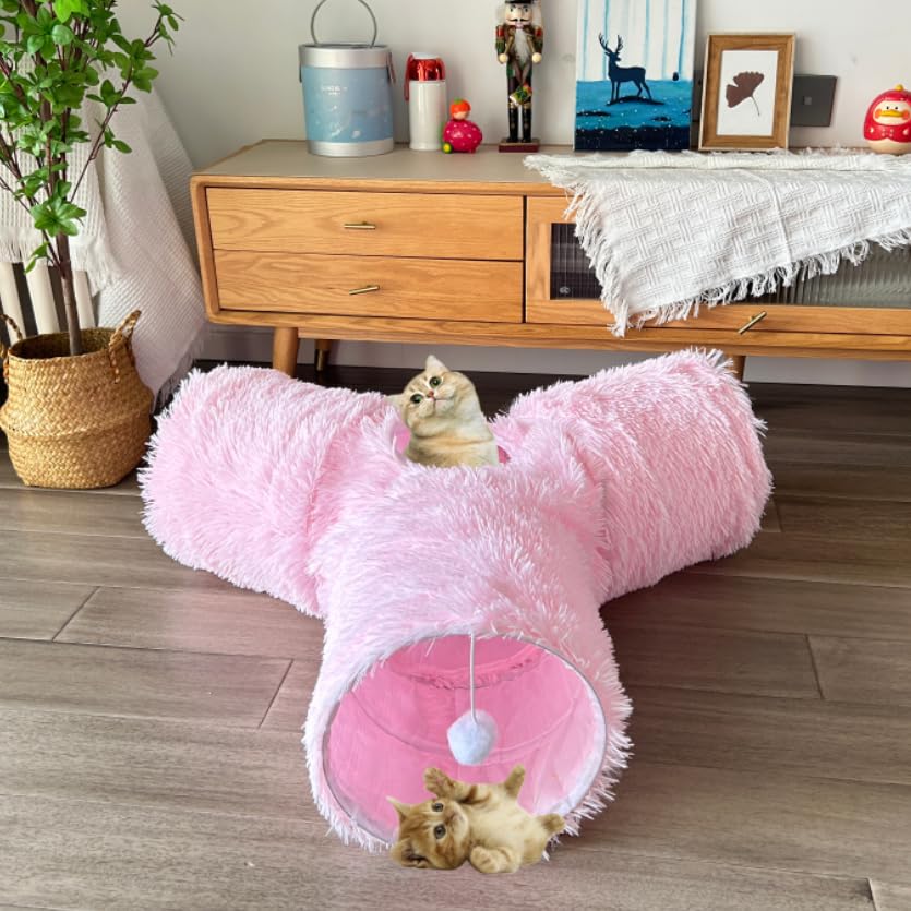 3-Way Collapsible Cat Tunnel Tube Toy Pink Plush | Interactive Play Tunnel with Hanging Ball & Peek Hole for Indoor Cats, Kittens, Puppies & Rabbits | Hours of Fun & Exercise - color: Pink Plush