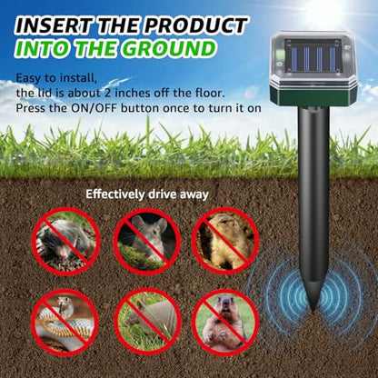 Mole Repellent Solar Powered Outdoor Chipmunk Repellent Ultrasonic | Waterproof Outdoor Deterrent Solar Mole Repellent Ultrasonic for Gopher Vole Rat Squirrel Skunk Garden Yard Lawn Pest Control
