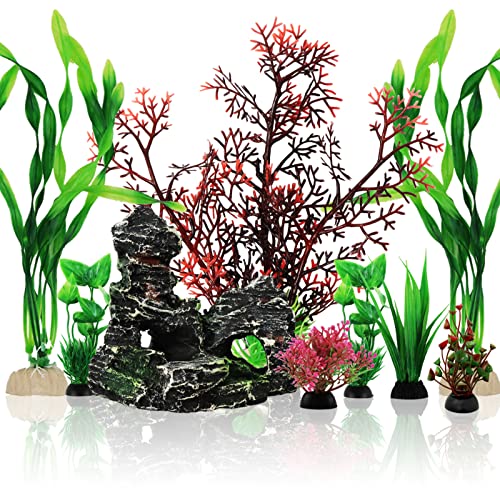 Fish Tank Decorations Plants with Resin Cave Rock View, 9pcs Aquarium Decorations Plants Plastic,Fish Tank Accessories, Fish Cave and Hideout Ornaments, Aquarium Decor