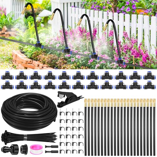 M METERXITY 1-Set Drip Irrigation System, 66Ft 5/16" Hose Garden Watering Misting System with 22pcs 360° Adjustable Copper Nozzles for Greenhouse/Yards/Lawn, Atomizing Watering Accessories - color: Black + Gold Tone, size: 66Ft 5/16"