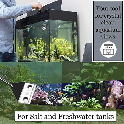SunGrow Aquarium Glass Cleaner, Long Handheld Tool Cuts Cleaning Time to Half, Keep Hands Dry, Sharp Blade to Scrape Thickest Residue, Frequent Tank Maintenance