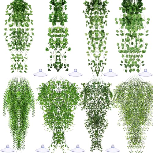 8 Pack Reptile Plants Terrarium Hanging Plant Vine Boston Climbing Terrarium Plant with Suction Cup for Bearded Dragons Lizard Crested Gecko Snake Crab Tank(Petite Leaf Series,Multiple Green) - style: Petite Leaf Series