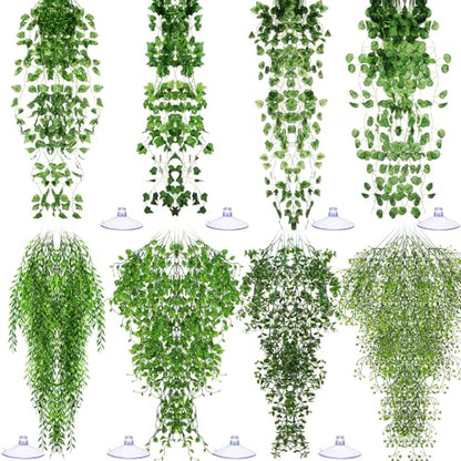 8 Pack Reptile Plants Terrarium Hanging Plant Vine Boston Climbing Terrarium Plant with Suction Cup for Bearded Dragons Lizard Crested Gecko Snake Crab Tank(Petite Leaf Series,Multiple Green) - style: Petite Leaf Series