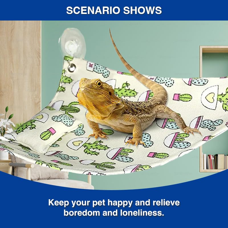 Bearded Dragon Hammock Swing Hanging Reptile Bed Lounger with Pillow Hooks & Suction for Large Small Bearded Dragons Geckos Lizards Snakes (Beige - color: Beige