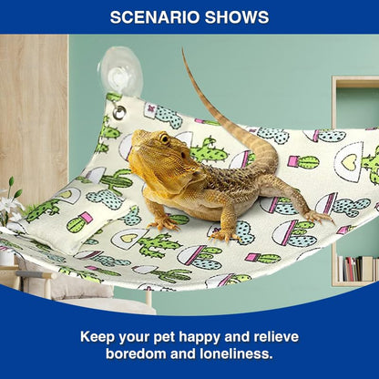 Bearded Dragon Hammock Swing Hanging Reptile Bed Lounger with Pillow Hooks & Suction for Large Small Bearded Dragons Geckos Lizards Snakes (Beige - color: Beige