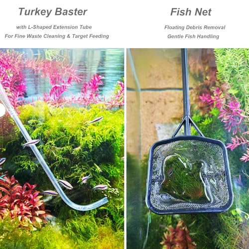 Aquarium Siphon Vacuum Kit with Turkey Baster, Fish Net for Tank Cleaning | Dual Vacuum Tubes; Brush Head; Gravel & Sand Cleaning; Water Change; Debris Removal; Flow Control Valve