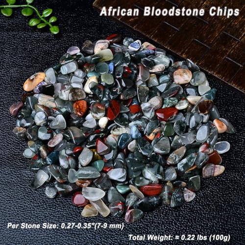 Erliway 7-9mm African Bloodstone Healing Crystal Chips for Crafts, 100g | Natural Crushed Crystal Stones Tumbled Chips for Vase Filler Aquarium Gravel, Meditation Chakra Balancing, Candle DIY Making - color: African Bloodstone