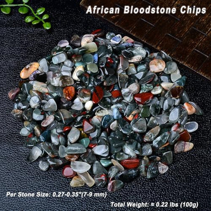 Erliway 7-9mm African Bloodstone Healing Crystal Chips for Crafts, 100g | Natural Crushed Crystal Stones Tumbled Chips for Vase Filler Aquarium Gravel, Meditation Chakra Balancing, Candle DIY Making - color: African Bloodstone