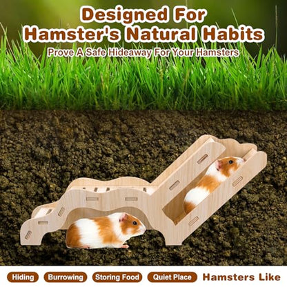 Versatile Hamster Hideout and Exploration Tunnel, Snap-Together Wooden Hamsters Tunnel Burrow with Panoramic Window Hamster Explorer for Gerbils Hamsters Small Pets Chew-Safe