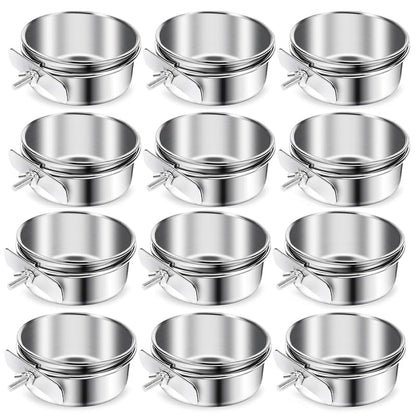 12 Pcs Stainless Steel Bird Food Bowls, 10 oz Bird Water Bowls with Clamp Holders, Parrot Cage Coop Feeders for Cockatiel Conure Budgie Parakeet Macaw (12PC-10oz Stainless Steel Bowl) - color: 12PC-10oz Stainless Steel Bowl