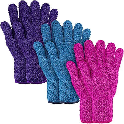 3 Pairs Microfiber Gloves Dusting Cleaning Gloves Plants Gloves Lengthen Thicken Cleaning Gloves Mitt for Blind(Purple, Blue, Rose Red)