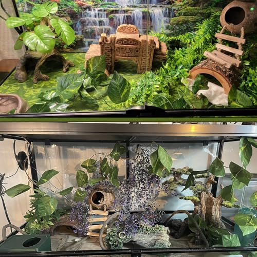 Crested Gecko Coconut Hut with Ladder,Bearded Dragon Coco Den Reptile Shell Hideout Husk Hut Climbing Plants Leaves Tank Accessories for Lizard Chameleon Snakes