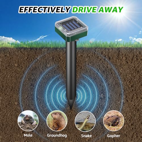 Mole Repellent Solar Powered Outdoor Chipmunk Repellent Ultrasonic | Waterproof Outdoor Deterrent Solar Mole Repellent Ultrasonic for Gopher Vole Rat Squirrel Skunk Garden Yard Lawn Pest Control