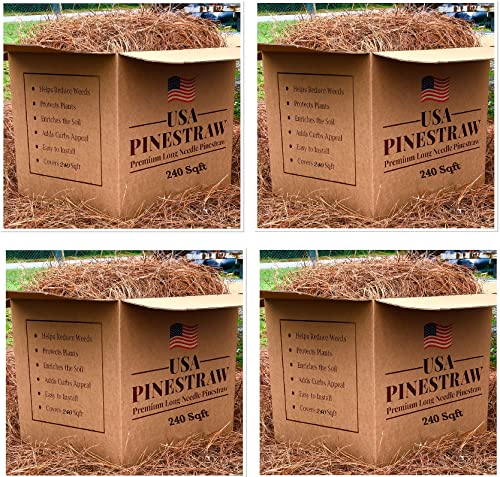 Long Needle Pine Straw Mulch - 240 Sqft Coverage 4 Set - Premium USA Harvested PineStraw for Landscaping, Weed Control, Moisture Retention & Erosion Control - USA Pinestraw - size: Long Needle - 240 Sqft - New Bigger Box 4 set