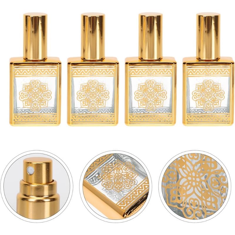 4PCS Perfume Bottle Spray Refillable Glass Spray Bottles Terrarium Travel Refillable Mini Perfume Glass Containers Packaging (Golden)