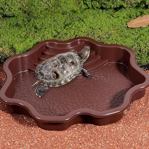 Extra Large Reptile Bathing Pool Reptile Feeding Dish Water Bowl with Ramp Aquarium Ornament for Gecko, Snake, Turtle, Bearded Dragon, Lizard Bath (Brown-red) - color: Brown-red