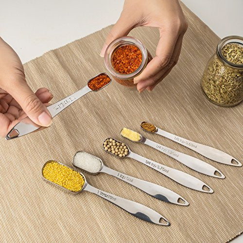 6-Piece 18/8 Stainless Steel Measuring Spoons Set, Silver | Six Engraved US and Metric Sizes From 1/8 TSP to 1 Tbsp Fit Narrow Spice Jars and Stay Together On an O-shaped Ring - color: Silver, size: 6 Piece