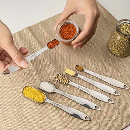 6-Piece 18/8 Stainless Steel Measuring Spoons Set, Silver | Six Engraved US and Metric Sizes From 1/8 TSP to 1 Tbsp Fit Narrow Spice Jars and Stay Together On an O-shaped Ring - color: Silver, size: 6 Piece