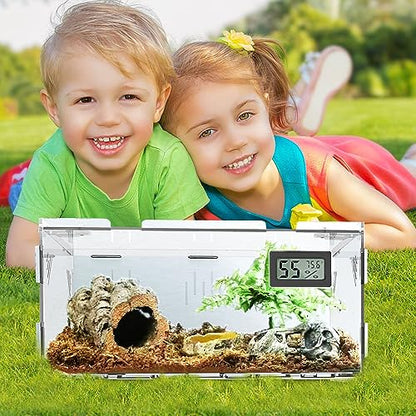 Reptile Terrariums, with Temperature Hygrometer, 11.8"x7.9"x5.9" Acrylic Reptile Breeding Box Terrarium Cage Tank for Small Reptile Insect Home Office - size: Terrestrial S (No Tray)
