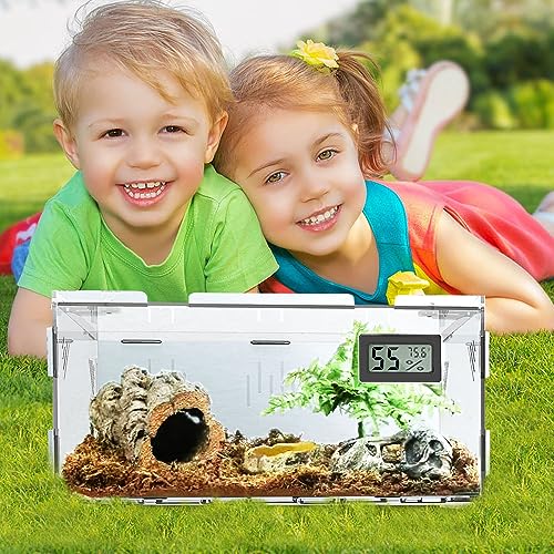 Reptile Terrariums, with Temperature Hygrometer, 15.7"x9.9"x7.1"Acrylic Reptile Breeding Box Terrarium Cage Tank for Small Reptile Insect Home Office - size: Terrestrial L (No Tray)
