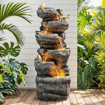 39.4" 6-Tier Cascading Rock Outdoor Fountain LED Bird Waterfall | hand-carved stone with birds, garden patio porch backyard - color: 39.4"h Gray