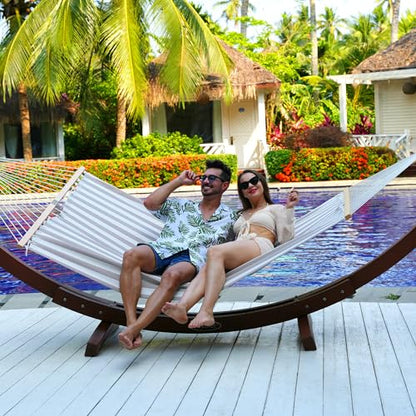 Lazy Daze Double Textliene Quick Dry Hammock with Spreader Bar for Outdoor | 11 Ft Hammock for 2 Person, Weather Resistant Fabric, 450 Lbs Capacity, Hammock Bed 78 x 55 In with Carabiners, Chains - color: Beige White Stripes