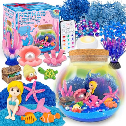 7july Mermaid Terrarium Craft Kit for Kids - LED Night Light Up & Remote Mermaid Birthday Gifts Toys for Girls Age 5 6 7 8 9 10 11 12 Year Old - style: Mermaid