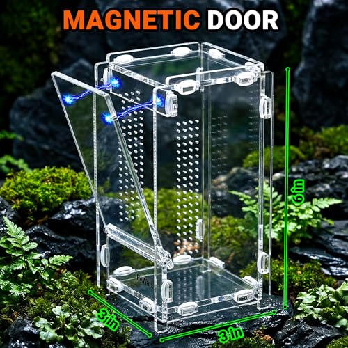 Jumping Spider Enclosure, Acrylic Terrarium with with Magnetic Doors, 0.8mm Micro-Ventilation, Stackable Escape-Proof Habitat for Jumping Spiders, Tarantulas & Small Reptiles, 3”x3”x6” | Baby Jumping Spider Enclosure, Small Jumping Spider Enclosure, Acryl