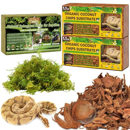Halatool 9OZ Sphagnum Moss & 2-Pack Coco Chips Substrate for Reptiles, Terrariums, Humidity Retention, Bedding, Nesting & Burrowing