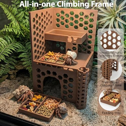 Hermit Crab Climbing Toys and Hideout,Multi-Functional Climbing Wall & Habitat Tank Accessories | Dual-Tower Hermit Crab Foraging Cave with Feeding Dish,Hermit Crabs Climbing Habitat and Enrichment