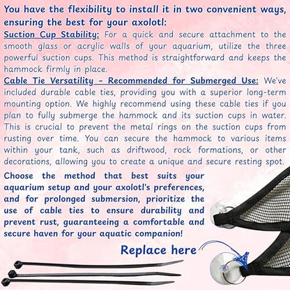 Axolotl Hammock for Aquarium with Bubble Diffuser for Fish Tank, Aerator Air Stone, Breathable Mesh Hammock and Suction Cups for Axolotl Tank Accessories (Black Bubbler, M)