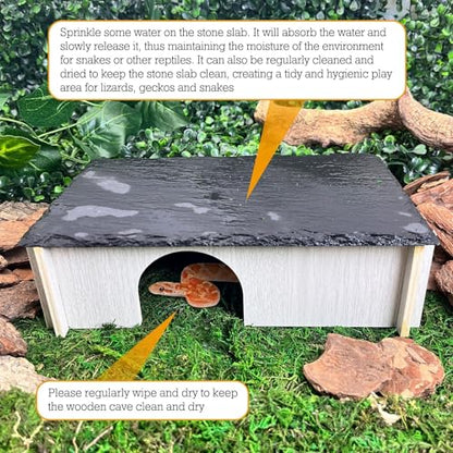 PINVNBY Bearded Dragon Basking Platform, Wood Reptile Hides and Caves, Crested Gecko Hide with Slate Rock, Leopard Gecko Tank Accessories for Small Lizard Snake Turtle (S: 5.9x5.9 inches) - size: S: 5.9x5.9 inches