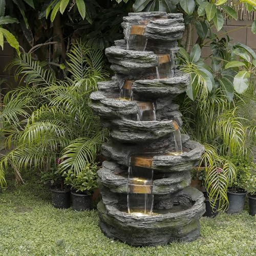 Alpine Corporation WIN1146 Outdoor Floor Cascading 8 Tiered Rock Garden Water Fountain with LED Lights, 58", Gray - style: 58" H - 8-Tier Warm White LEDs