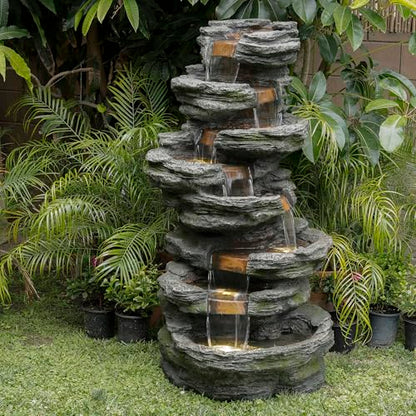 Alpine Corporation WIN1146 Outdoor Floor Cascading 8 Tiered Rock Garden Water Fountain with LED Lights, 58", Gray - style: 58" H - 8-Tier Warm White LEDs