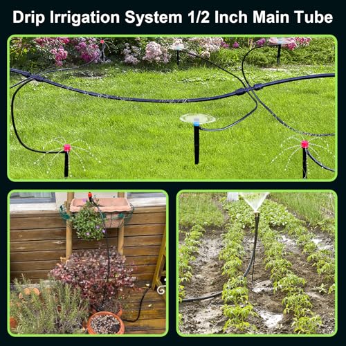 50FT 1/2 Inch Drip Irrigation Tubing Main Line Hose Tube, Drip Line Irrigation System Includes 2pcs 6-Way Connector & 1/2" Straight Connector & 3/4" to 1/2" Faucet Adapter for Garden Watering - color: Black-50FT