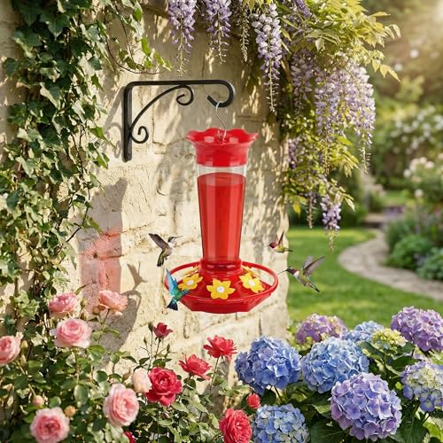 10oz Plastic Hummingbird Feeders for Outdoors - 2 Pack, Ant & Bee Proof, 6 Feeding Ports, Easy Clean Red Nectar Feeders for Outside Hanging, Gifts for Mom