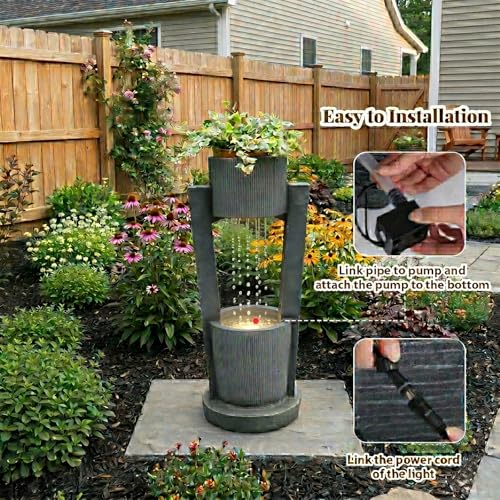 Sunlinua 33" H Modern Outdoor Water Fountain Cascading Realistic Rock Waterfall Fountains with LED Lights Outdoor Water Fountain for Garden Patio Backyard Porch Home Decor Gold - color: 29.7"h-gold