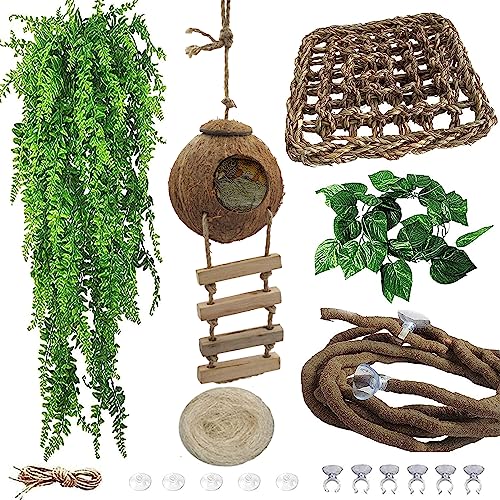 5PCS Coconut Hut for Gecko, Lizard Coco Den with Ladder and Reptile Hammock Bearded Dragon Tank Accessories Climbing Hanging Plants Jungle Vine Flexible Reptile Leaves Decor - style: 【Style A】