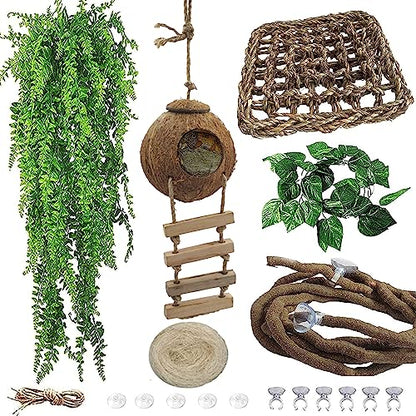 5PCS Coconut Hut for Gecko, Lizard Coco Den with Ladder and Reptile Hammock Bearded Dragon Tank Accessories Climbing Hanging Plants Jungle Vine Flexible Reptile Leaves Decor - style: 【Style A】