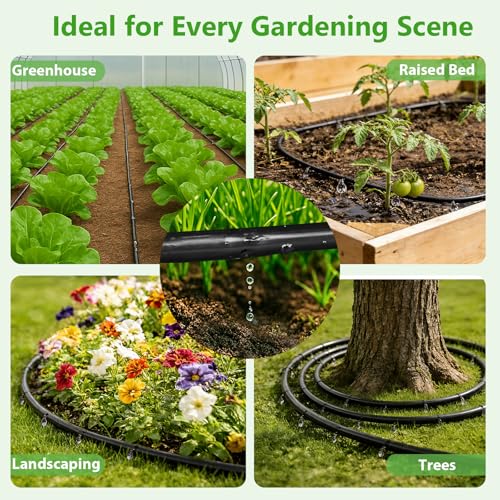 MIXC 1/4" Irrigation Dripline Tubing Kit (100 Ft) with 10Ft 1/2" Main Line | Saving 80% Water, 6" Emitter Spacing, Built-in 0.5GPH Drippers, 1/4" Push-to-Connect Fittings, for Raised Bed Garden Rows