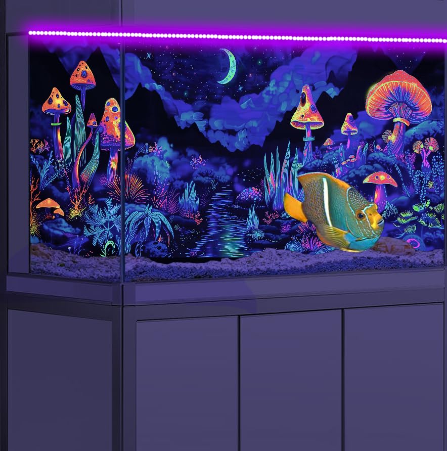 72X16IN Blacklight Mushroom Flower Black Light Aquarium Background, UV Fish Tank Background Moonlight Mountain Forest Landscape Terrarium Background with 10 EVA Double-Sided Tape - size: 72X16in/180X40cm