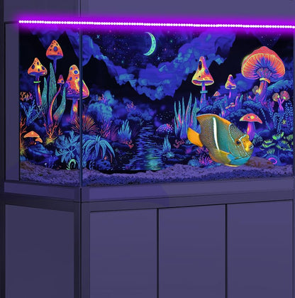 36X20IN Blacklight Mushroom Flower Black Light Aquarium Background, UV Fish Tank Background Moonlight Mountain Forest Landscape Terrarium Background with 10 EVA Double-Sided Tape - size: 36X20in/90X50cm